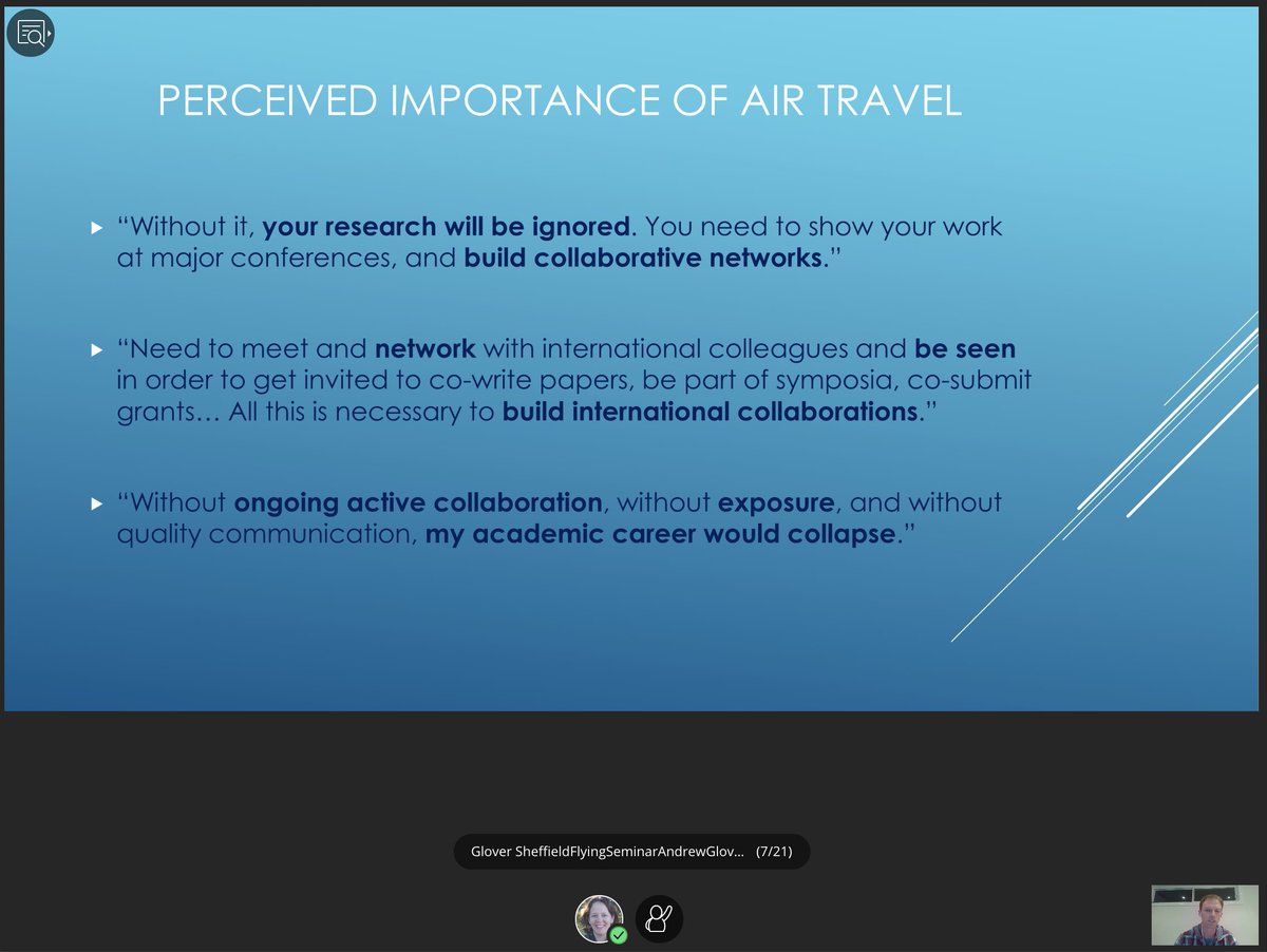 Next up:  @theandrewglover on Australian academics aeromobility. Average Australian academic took 3 return domestic flights, 1.7 int'l. Small group of hypermobile senior profs fly a LOT (8+/year). Conferences most common reason. See work flying as career "necessary."  #FlyingLess