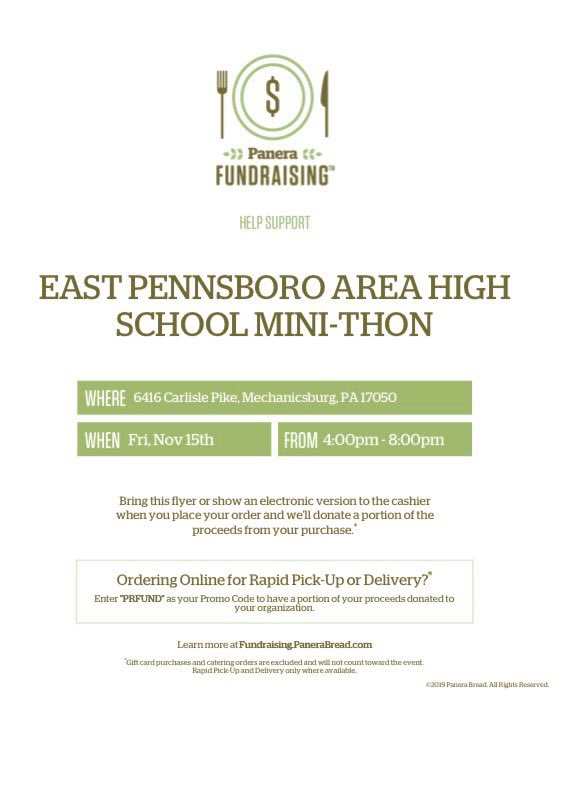 EPHSminithon's tweet photo. This Friday: stop by panera on the Pike from 4-8 and a portion of your bill will be donated to our mini thon! show them this flyer!! https://t.co/551ZXXkMyB