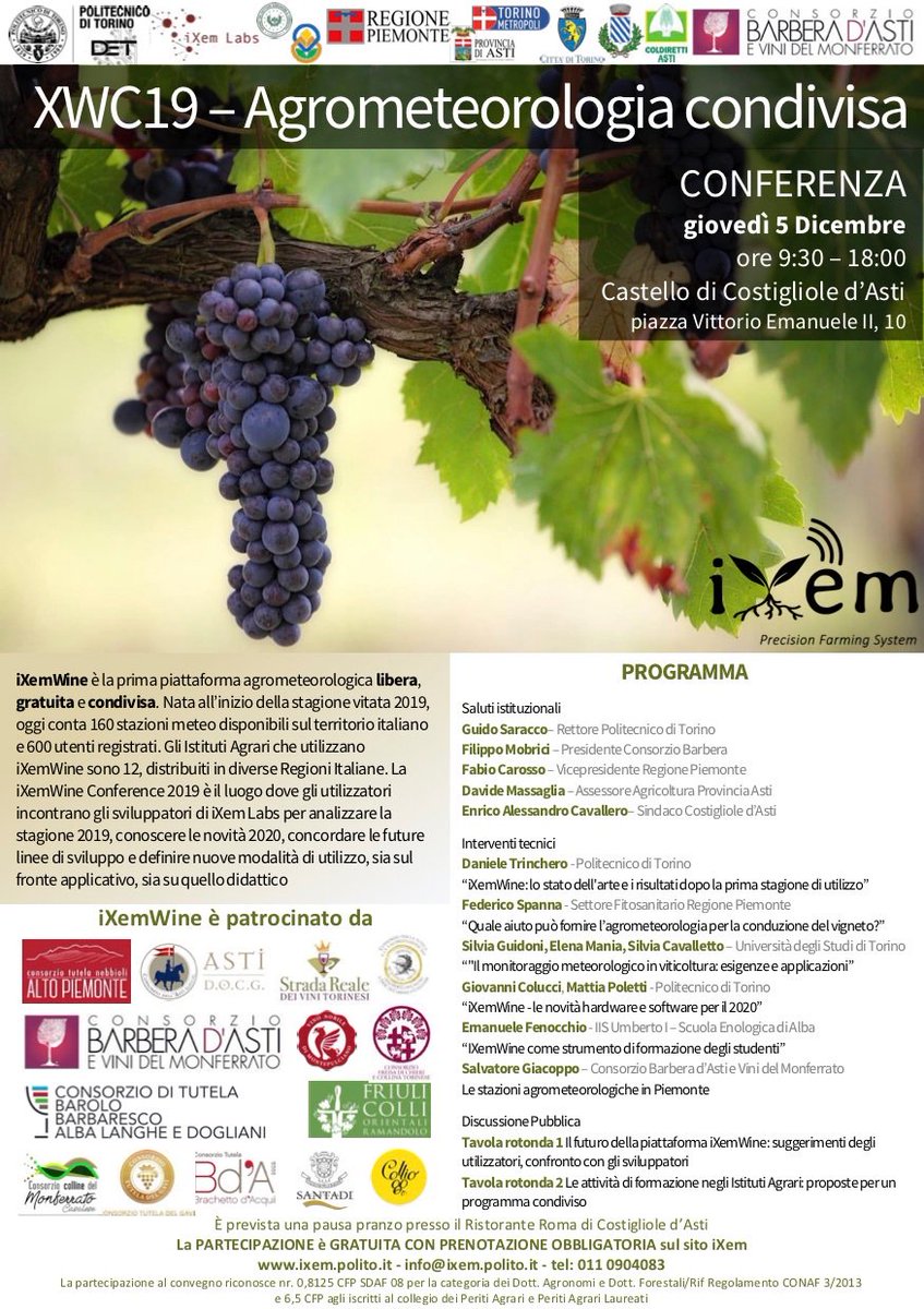 Prima #Call della #XWC19, #iXemWine #Conference
... la #Community incontra gli #sviluppatori ...
#Castello di Costigliole d'Asti 5 dicembre ore 9:30-18:00
Un evento <a href="/PoliTOnews/">Politecnico di Torino</a> <a href="/iXemLabs/">iXem Labs - PoliTo</a> <a href="/IxemWine/">iXem Wine</a> in collaborazione con <a href="/barberadasti/">barberadastidocg</a> <a href="/conaf_minagri/">CONAF - Corporación Nacional Forestal</a> #Piemonte #PeritiAgrariPiemonte