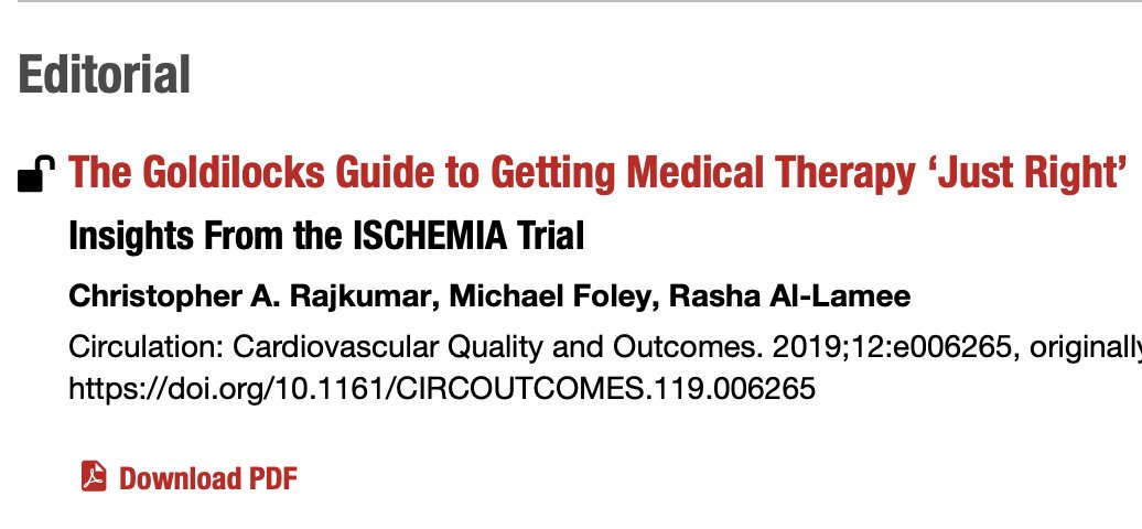 #ISCHEMIA and #ORBITA are not trials of Revasc vs. OMT (common misconception). Both arms get 'OMT', so the trials examine the *additive* benefit of Revasc on a background of medical therapy. Here's why assessing quality of medical therapy is critical: doi.org/10.1161/CIRCOU…