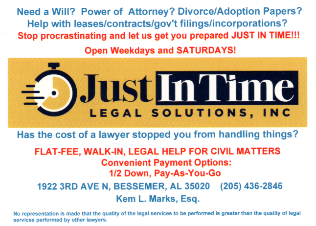 Happeningbham's tweet image. $500 Will, Power of Attorney &amp;amp; Health Care Directive Special - Just In Time Legal Solutions, Inc 205-436-2846 #wills #powerofattorney #healthcaredirective - mailchi.mp/whatshappening…