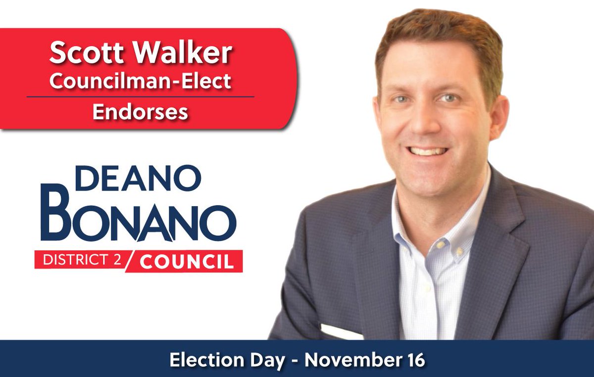 We are pleased to announce that Scott Walker, Jefferson Parish Councilman-at-Large Elect, has joined #TeamBonano. Thank you for your endorsement and for your continued support. Remember to cast your vote for Deano Bonano on November 16th. #ElectDeanoBonano #DeanoBonano
