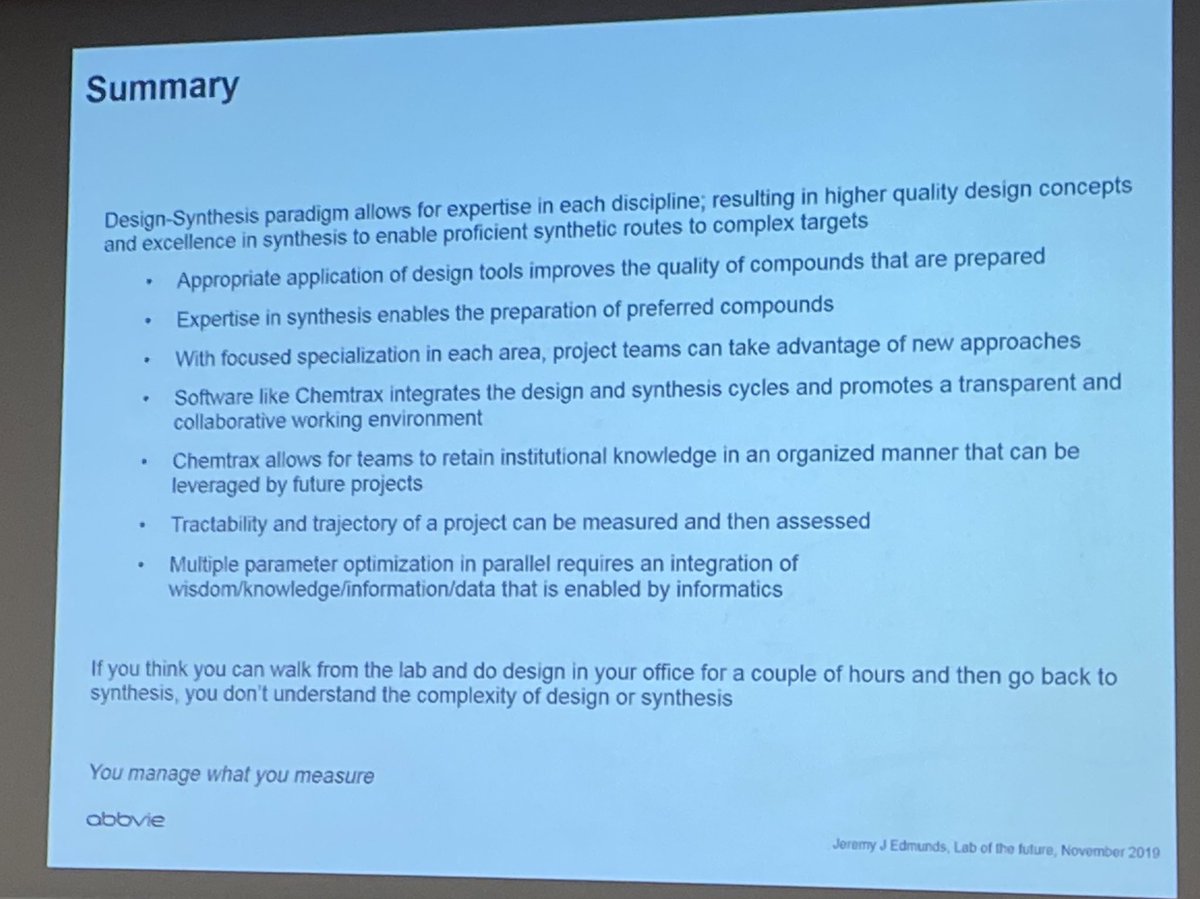 Jeremy Edmunds of <a href="/abbvie/">AbbVie</a> shares their approach to turning medicinal #chemistry from an art to a science:
1. Delineate design from synthesis to allow expertise to develop in both
2. Remember you can’t manage what you can’t measure

#LaboftheFuture2019 #drugdiscovery