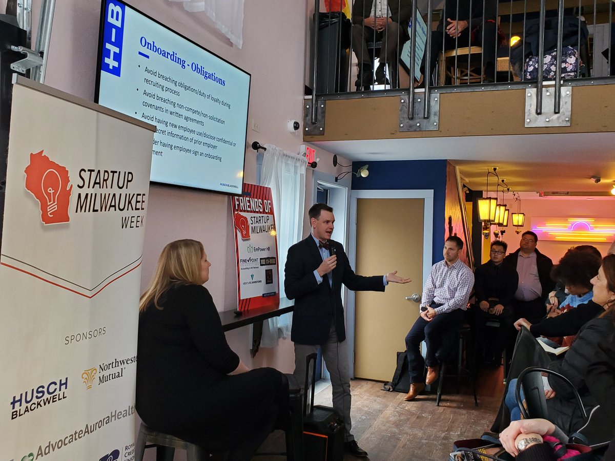 bandereggmke's tweet photo. Attorneys from Husch Blackwell discuss legal implications of hiring/firing employees and drafting offer letters for new employees. The event was part of Startup Milwaukee Week's launch series.
#StartupMKEWeek #StarupWIWeek https://t.co/pWOjmVDwng