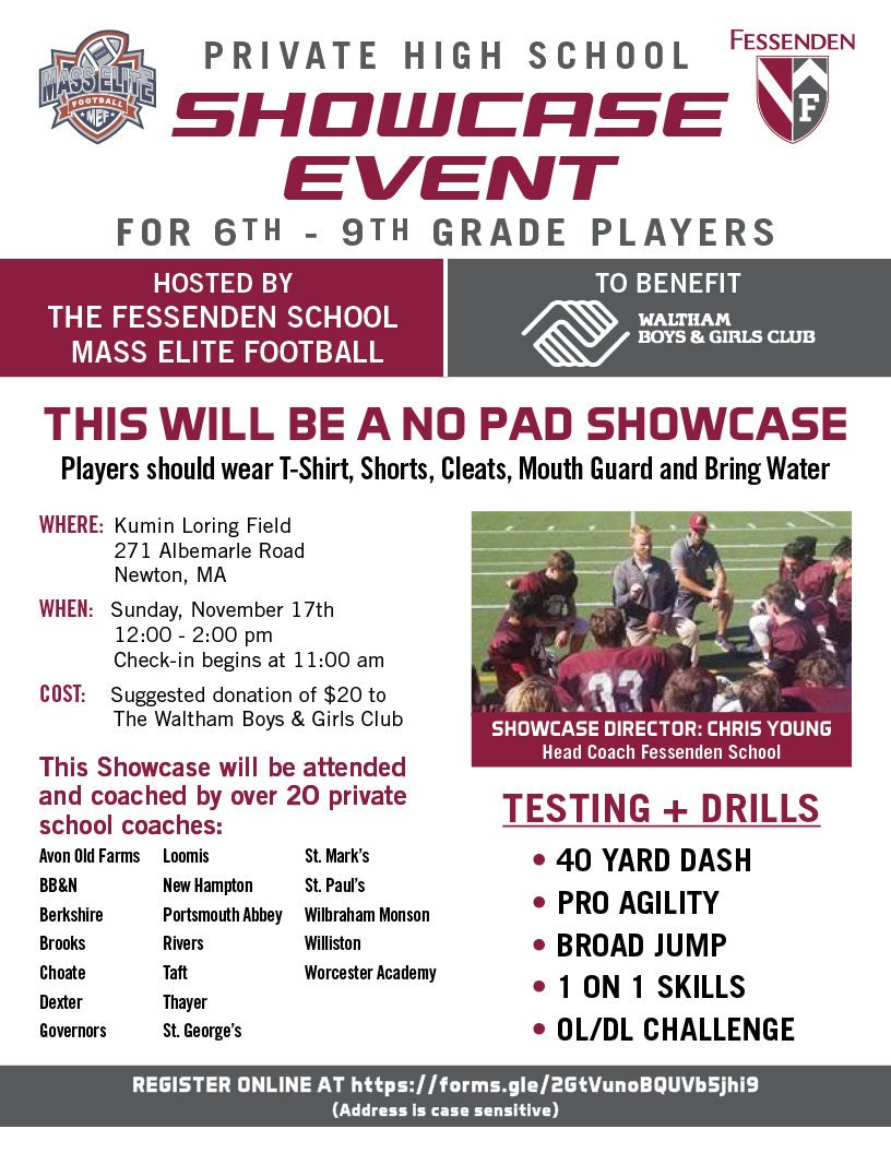 Chris Young (@smcoachyoung) on Twitter photo Big buzz for Sunday <a href="/fessy/">The Fessenden School</a>
Sign up here: forms.gle/kP5YCeYScCzSCk…
<a href="/LvilleBigRedFB/">Lawrenceville Football</a> <a href="/BrooksFb/">Brooks School Football</a> <a href="/StMarksFootball/">St. Marks Football</a> <a href="/coachbeats/">Tommy Beaton</a> <a href="/Coach_Willey_FB/">Mike Willey</a> <a href="/CoachJeffMoore/">Coach Jeff Moore</a> <a href="/Walthambgc/">Waltham Boys & Girls Club</a> <a href="/seansr25/">Sean Atkins</a> <a href="/WillistonFB/">Williston Football</a> <a href="/melitefootball/">Mass Elite Football</a> <a href="/MB_Football1/">QUAKER FOOTBALL</a> <a href="/masspreps/">Ryan Kilian - MassPreps ⭐️</a> <a href="/The_EFA/">EFA</a> <a href="/EliteMadness617/">Elite Madness 617</a> <a href="/AllDayFballCamp/">The Factory</a> Big buzz for Sunday <a href="/fessy/">The Fessenden School</a>
Sign up here: forms.gle/kP5YCeYScCzSCk…
<a href="/LvilleBigRedFB/">Lawrenceville Football</a> <a href="/BrooksFb/">Brooks School Football</a> <a href="/StMarksFootball/">St. Marks Football</a> <a href="/coachbeats/">Tommy Beaton</a> <a href="/Coach_Willey_FB/">Mike Willey</a> <a href="/CoachJeffMoore/">Coach Jeff Moore</a> <a href="/Walthambgc/">Waltham Boys & Girls Club</a> <a href="/seansr25/">Sean Atkins</a> <a href="/WillistonFB/">Williston Football</a> <a href="/melitefootball/">Mass Elite Football</a> <a href="/MB_Football1/">QUAKER FOOTBALL</a> <a href="/masspreps/">Ryan Kilian - MassPreps ⭐️</a> <a href="/The_EFA/">EFA</a> <a href="/EliteMadness617/">Elite Madness 617</a> <a href="/AllDayFballCamp/">The Factory</a>