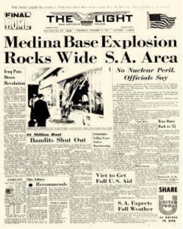 The blast dug out a crater 20-feet deep and 120-feet wide and dispersed natural and depleted uranium in the nuclear weapon components stored in the igloo. The shockwave broke windows 12 miles away in downtown San Antonio and was heard at least 50 miles away.