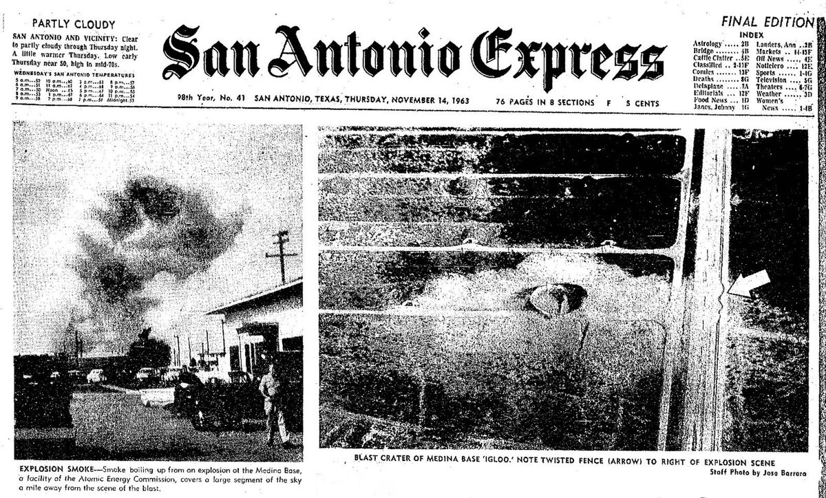 The blast dug out a crater 20-feet deep and 120-feet wide and dispersed natural and depleted uranium in the nuclear weapon components stored in the igloo. The shockwave broke windows 12 miles away in downtown San Antonio and was heard at least 50 miles away.