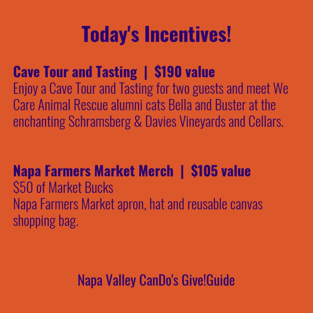 NVGiveGuide's tweet photo. #BigGiveDay 🎉 DONATE TODAY, Wednesday, November 13, to the #CanDoGiveGuide for an opportunity to receive one of these fantastic incentives! 

Click here to give and view each week's incentives: https://t.co/DKZdRJereE

#CanDoGiveGuide #NapaValleySpirit #NapaValley #NapaLocals https://t.co/9DZ385MYoi