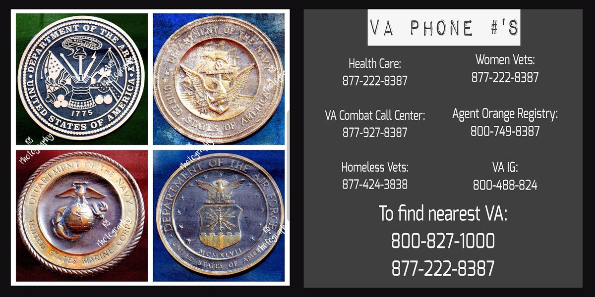 Phone #'sHealth Care:877-222-8387VA Combat Call Center:877-927-8387Homeless Vets:877-424-3838Women Vets:877-222-8387To find nearest VA:800-827-1000877-222-8387Agent Orange Registry:800-749-8387VA IG:800-488-8244