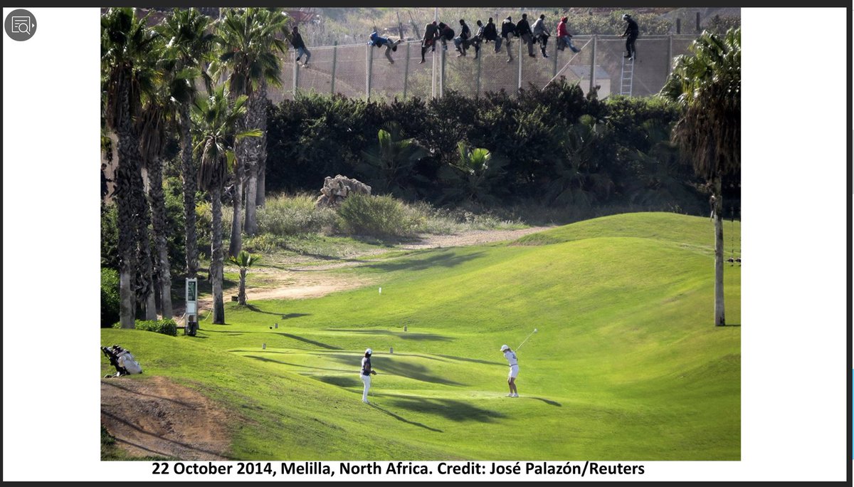 What type of world creates contrast of desperate migrants & carefree golfers?  @joenevins1 argues, one where nature is accessed in profoundly unequal ways. The same world that allows a few academic elites to consume unsustainable, unjust share of Earth's resources.  #FlyingLess