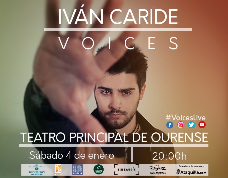 Iván Caride presenta "Voices", su primer álbum de estudio como solista y lo hará de la mano de grandes músicos del panorama musical gallego. 
El 4 de enero en el Teatro Principal de Ourense, a las 20:00h, producido por Escena Sonora Producción Cultural.
entradas.ataquilla.com/ventaentradas/…