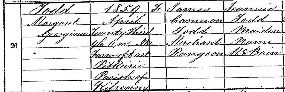 She was born in 1859 in Kilrenny (near Anstruther) in Fife. I found her birth certificate and she was actually born at "Farm of East Pitkeirie, Parish of Kilrenny", and the house from that time is still there-- I'm going to go find it.