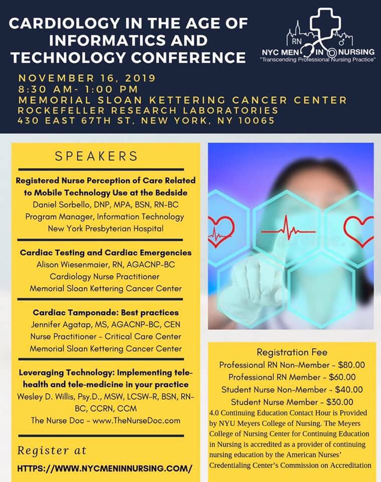 Join us on Saturday for our <a href="/AAMN_NYC/">NYC Chapter of AAMN</a> <a href="/AAMN_Nursing/">American Association for Men in Nursing</a> 2019 fall conference. #Cardiology #Informatics #Technology #Nursing @sloan_kettering @TheNurseDoc <a href="/DPSorbello/">Daniel Sorbello</a> <a href="/nyphospital/">NewYork-Presbyterian</a> @NYUNursing @CU_Nursing @MenInNursing Register today => nycmeninnursing.com/conference-reg…
