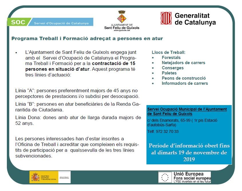 L’Ajuntament de Sant Feliu de #Guixols engega junt amb el Servei d'Ocupació de Catalunya el Programa Treball i Formació per a la contractació de 15 persones en situació d’atur.

Més informació a guixols.cat/la-ciutat/noti…