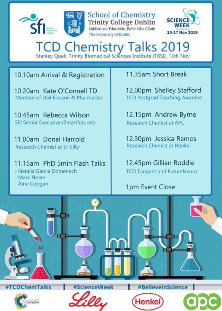 Nat95gd's tweet image. The Gun’ko angels giving talks at the #TCDChemtalks during #ScienceWeek2019 going from being a PhD student to colorful chemistry to storytelling