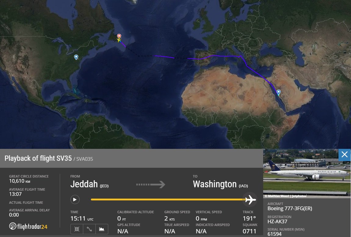 AirportWebcams's tweet photo. INCIDENT: Saudia #SV35 Jeddah to Washington-Dulles (Boeing 777-300ER HZ-AK37) diverted to St. John's, NL at 1510UTC yesterday (Tuesday) due to a medical emergency on board. Sadly, the passenger, a 2-year-old child, died before the plane landed. https://t.co/HdZq0yhWEe https://t.co/tzk6lOsdao