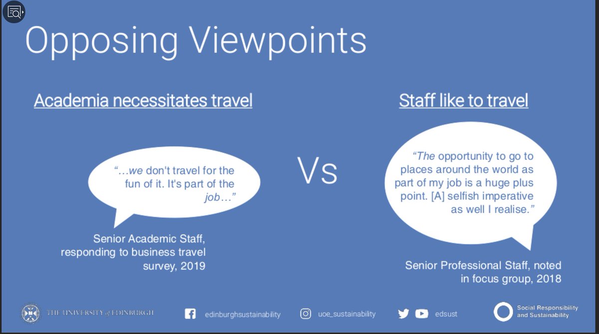 Sion Pickering  @EdSust says need to address both views of academic travel: "it's necessary"/"it's fun". Aimed for behavior change programs, but too challenging and time consuming to get all stakeholders on board. Now working on Stage 4.  #FlyingLess