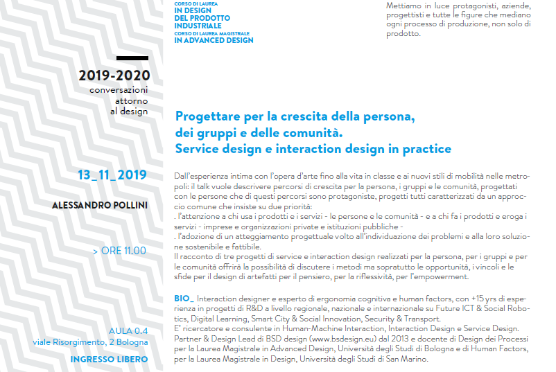 Il racconto di tre progetti di service e interaction design realizzati per la persona, per i gruppi e per la comunità - conversazioni attorno al design, #UniversitàBologna - esperienze e progetti <a href="/BSDdesignsocial/">BSD design</a>  - <a href="/ale_p/">ale_p</a>