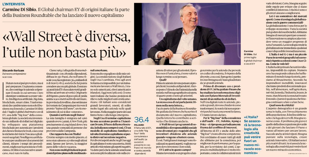 #BusinessRoundtable, #DigitalTransformation and capitalism with a human face. A future where companies must rethink how they serve their customers, people and the entire community to create long-term value. Great views from @Carmine_DiSibio Global Chairman #EY today on @sole24ore