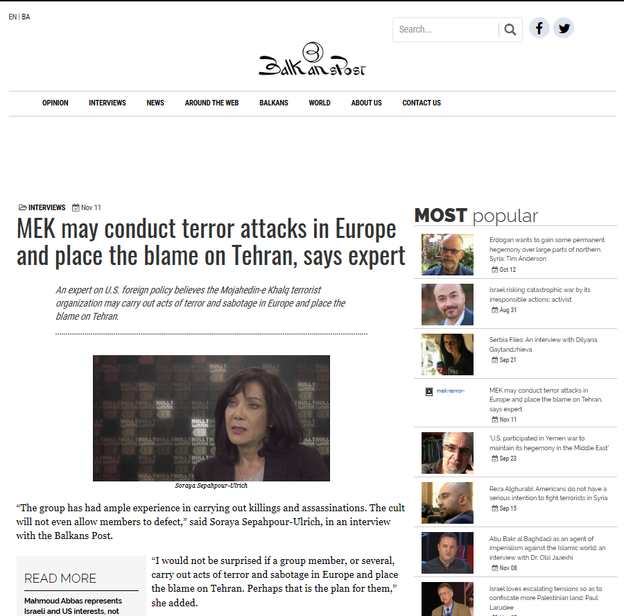 Some background on the BalkansPost which ran this  #FakeNews on the MEK. Site is run by Iran's Intel Ministry. Was formerly hosted on IP 88.99.115.178 alongside American Herald Tribune.  @facebook banned both for disinfo.  @Twitter blocked  @balkanspost but  @AHTribune is still active