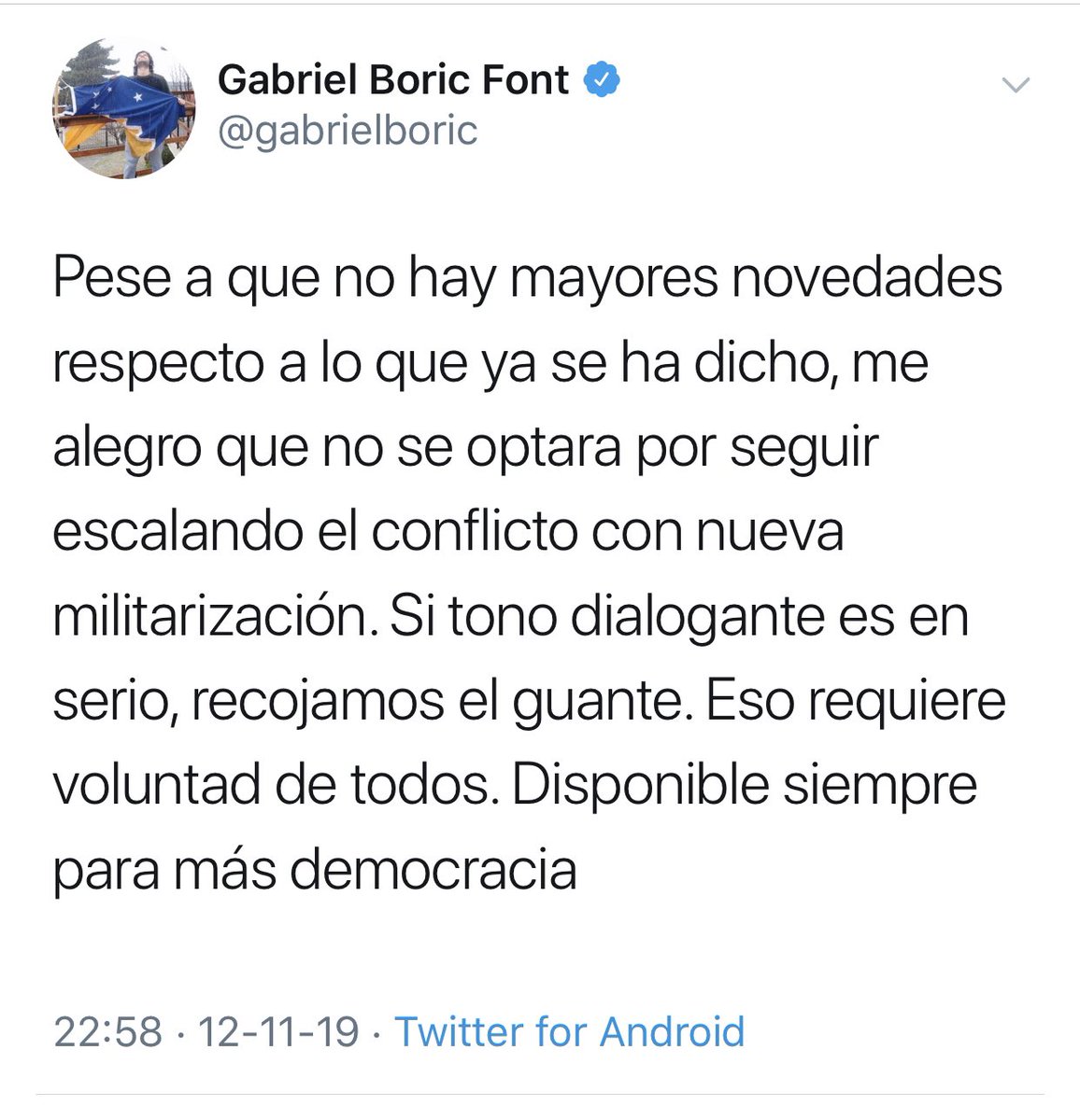 <a href="/JorgeSharp/">Jorge Sharp</a> Hasta Boric fue capaz de reconocer los esfuerzos por intentar la vía del diálogo y no escalar en la violencia. Si él entiende y tú aún no.... hazte ver.