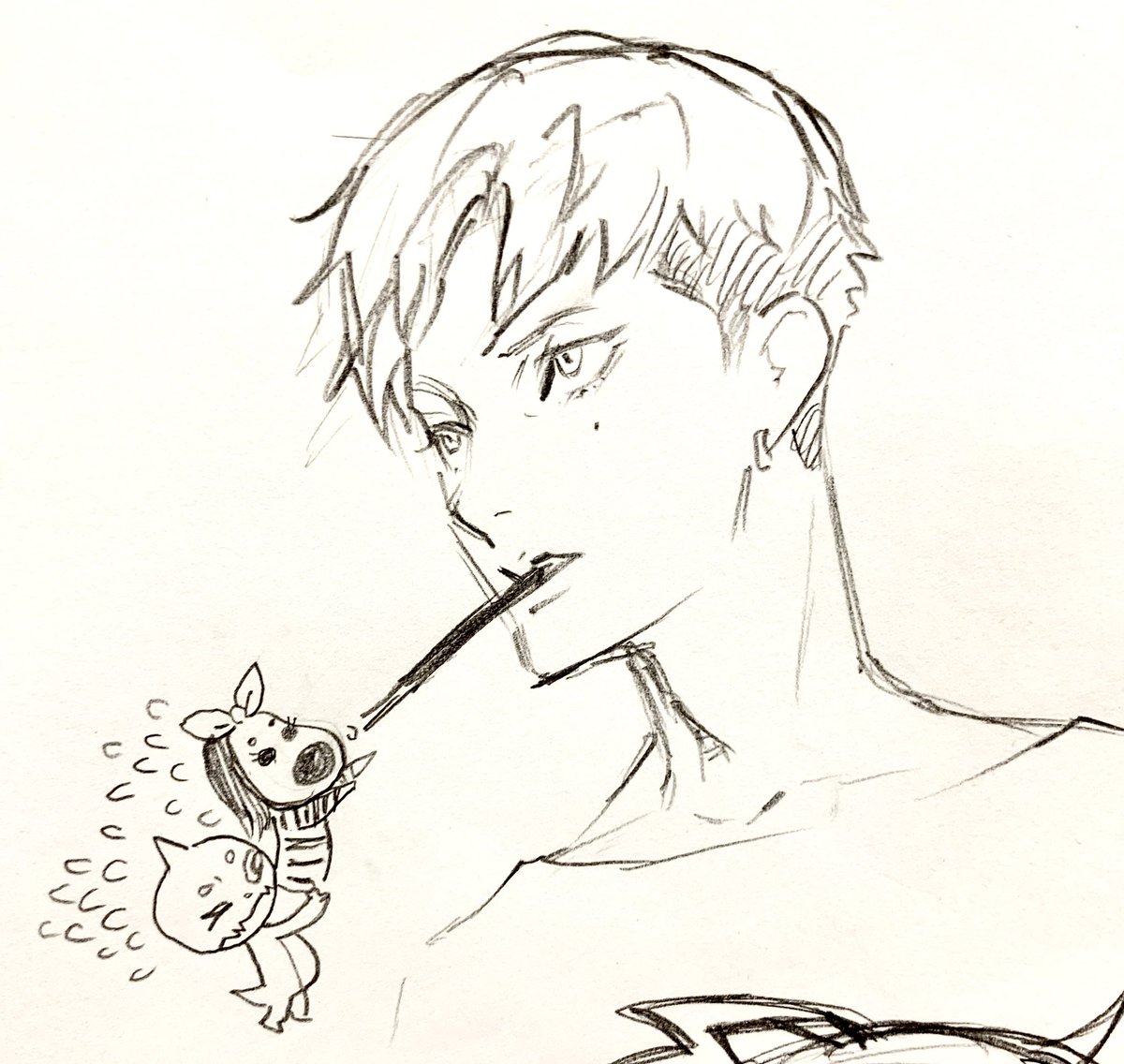 #影月明 くんスマヌ。
大事なポイントを描き忘れてしまった。言い訳させてもらうと、眼鏡を描いて、最後に良い位置に描くのよ。
今回眼鏡描かなかったら、最後のワンパーツを描く手順が飛んでしまった。
ぐぬぬ。