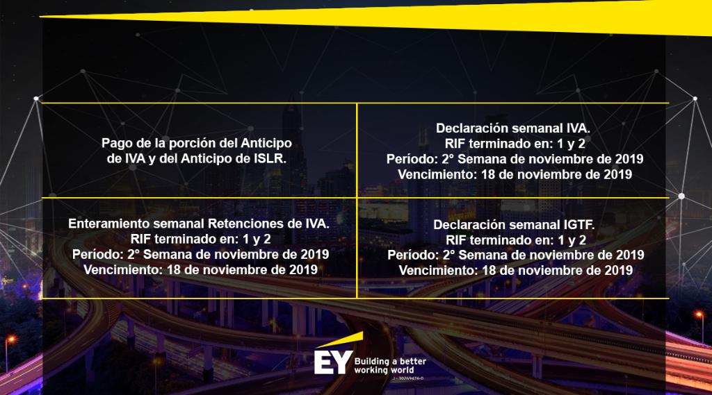 EY_Venezuela's tweet photo. EY te recuerda cumplir con las próximas obligaciones tributarias: #EYVenezuela #Outsourcing #Venezuela #AnticipoIVA #AnticipoISLR #IVA #ISLR #RIVA #RISLR #ISAE https://t.co/bCejCXdQuV