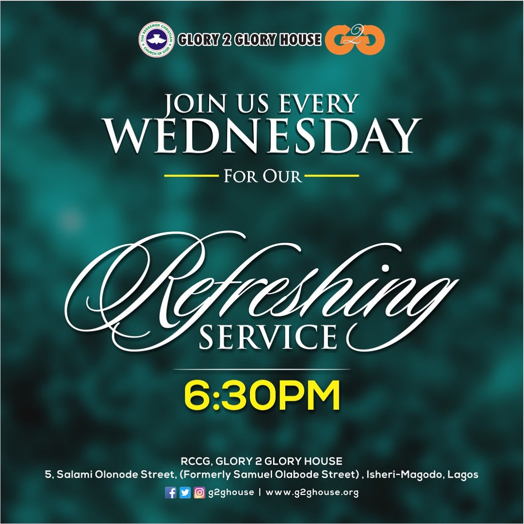 G2Ghouse's tweet photo. Hello beloved of God!!! 
Pls join us today Wednesday 13th November for our MIDWEEK service by 6.30pm. Invite someone and God will surely bless you.

#rccg #g2ghouse #refreshingwednesday https://t.co/JSwWdVKfR5