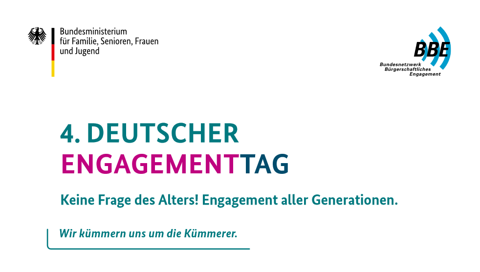 Einladung 4. Deutscher #EngagementTag 

Unter dem Motto #KeineFragedesAlters! #Engagement aller #Generationen wird am 5. + 6.12. der EngagementTag in Berlin gefeiert. Anmeldung bis 20.11.
➡️ bmfsfj-veranstaltungen.bafza.de/deutscher-enga… 
Die Veranstaltung wird gemeinsam von @BMFSFJ + BBE ausgerichtet.