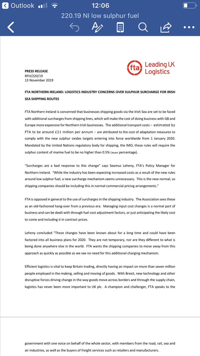 1/42020 will be a testing year for NI businesses doing trade with GB.Obviously  #brexit is a major concern.But there is another financial impact coming our way that will add an extra layer of admin and cost of around £21m a year - Shipping Low Sulphur Surcharge