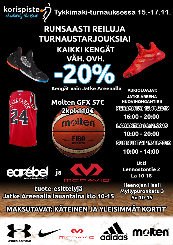 Korispiste viikonloppuna Tykkimäki-turnauksessa!

Viikonlopun ajan Molten GFX 57€, 2kpl 110€
Tarjous voimassa vain Kouvolan turnausmyymälöissämme.

Aukioloajat:
Jatke Areena (Kengät vain Jatke Areenalla)
Pe 16 - 20
La 10 - 20
Su 10 - 14
Utti
La 10 - 18
Haanojan Haali
Su 10 - 15