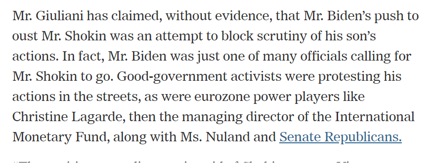 40/ in Nov 10, 2019 NYT  http://archive.is/YeBQh , Thrush and Vogel assert that "Biden was just one of many officials calling for Shokin to go". He cited IMF managing director Christine Lagarde, Nuland and Senate Republicans. However, his key citations either AFTER Jan 19 or vague