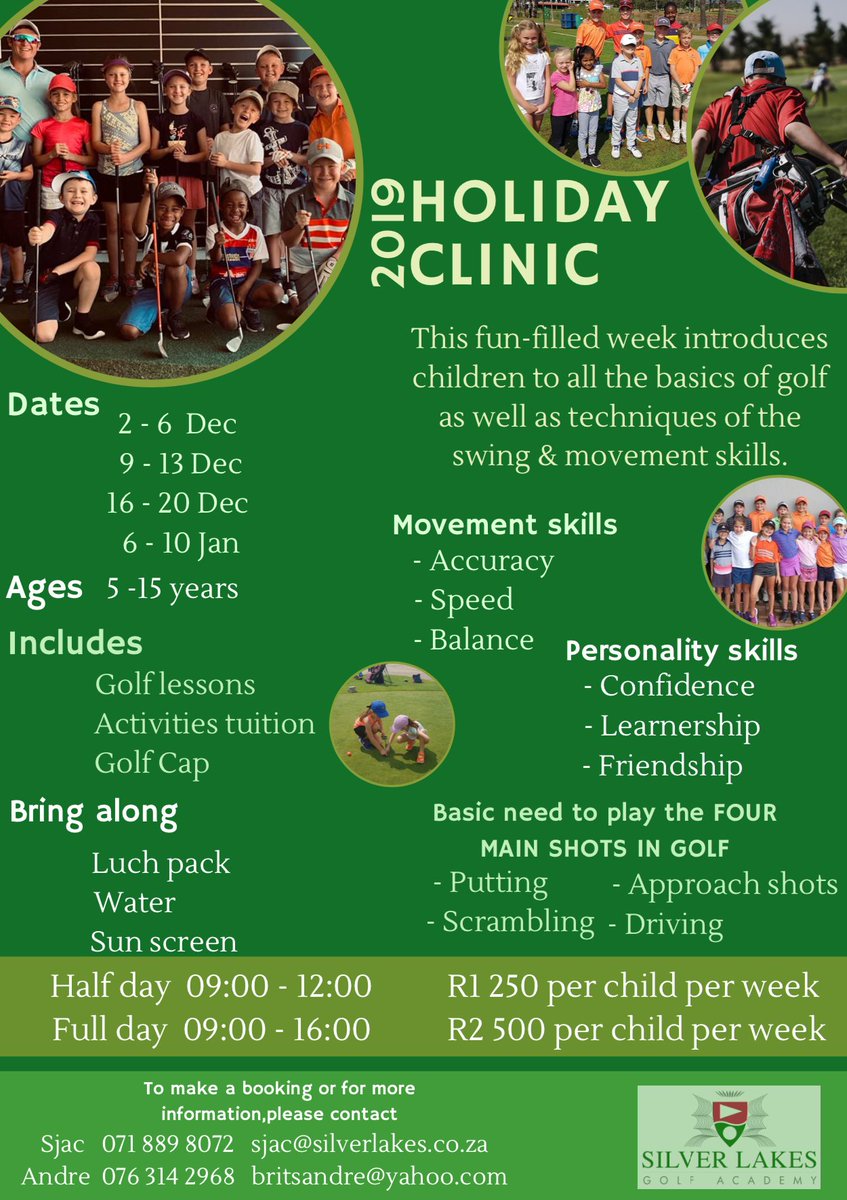 Silverlakesacad's tweet image. Any idea what to do to keep the kids busy until the family holiday ? 
Bring them to us we will take care of them!
Everyone is welcome.

Please contact: 
Stefani 0824905610
stefanigolfsilverlakes@yahoo.com
@Silverlakesacad  #golf #holidayseason 
  #SouthAfrica @SilverLakesGE