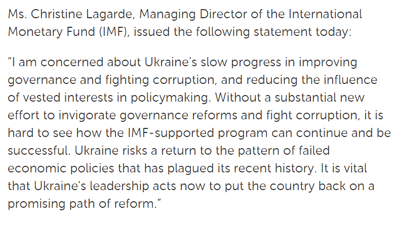 42/ Lagarde statement  https://www.imf.org/en/News/Articles/2015/09/14/01/49/pr1650 came on Feb 10 (also well AFTER Jan 19 meeting) and mentioned corruption in general terms, without mentioning Shokin or demanding his resignation