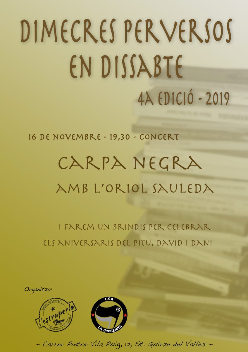 L'Estraperlo (@lestraperlo) on Twitter photo Aquest cap de setmana el tenim ple de coses!! Dissabte, Carpa negra amb <a href="/oriolsauleda/">Uri Sauleda Casas</a> Aquest cap de setmana el tenim ple de coses!! Dissabte, Carpa negra amb <a href="/oriolsauleda/">Uri Sauleda Casas</a>