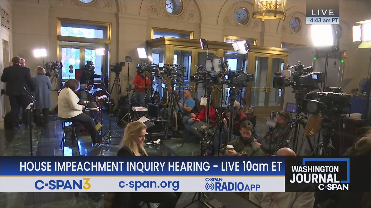 . @cspan cameras are also outside the Longworth hearing room in the lobby where House Intel Cmte members can speak to the press at the microphones throughout the day on impeachment inquiry hearings.