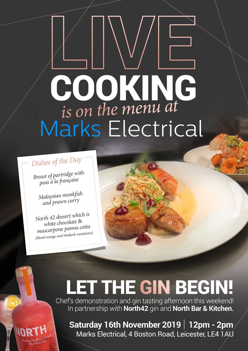 EVENT: Watch live cooking and try out a special gin at the #MarksElectrical showroom. 

We've got @NorthBarKitchen, the makers of <a href="/north42gin/">NORTH42 Gin</a>, with us this Saturday (November 16) from 12pm to 2pm. 

It's at our showroom on Boston Road in Beaumont Leys, Leicester. All welcome! 🥂