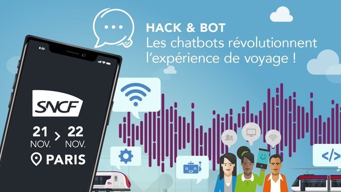 [#HackAndBot]
Inscrivez-vous au #hackathon <a href="/GroupeSNCF/">Groupe SNCF</a> pour créer des bots simplifiant l'expérience de voyage ! 
Encadré par nos équipes vous utiliserez la plateforme #OpenSource TOCK créée par @ouisncf cc <a href="/jburet/">Julien Buret</a> <a href="/FrancoisN0/">François Nollen</a> <a href="/mrn_lemaire/">Marion</a> 
En savoir plus ▶️hackandbot.sncf.com