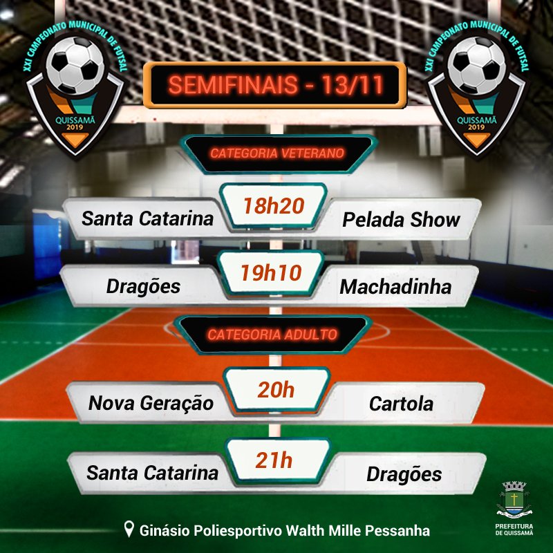 PrefQuissama's tweet photo. VALE VAGA NA FINAL | Hoje, quatro disputas válidas pelas semifinais do Campeonato Municipal de Futsal vão agitar o ginásio poliesportivo. Venha conhecer os finalistas dessa eletrizante competição!

#PrefeituradeQuissamã
#ConstruindoNovosCaminhos
#ConstruindoNovosCaminhos
#Esporte https://t.co/MzemIjEK1n