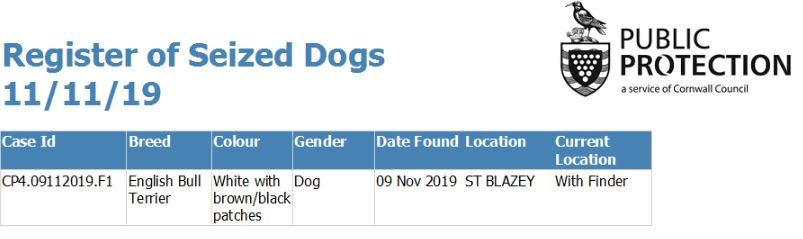 List of #dogs held by our Dog Welfare and Enforcement Officers as of 11/11/19. Remember if a member of the public collects a stray dog they have a legal duty to notify the Council. Contact us on 0300 1234 212 if you find a stray dog or believe you are the owner of a dog listed
