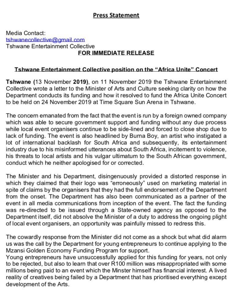 smathibela_'s tweet photo. Following a failure to meaningfully address its concerns, the Tshwane Entertainment Collective has issued the following statement.
#BoycottConcert
#KeepTheArtsPure
#ShutDownTheArena
@enca @NathiMthethwaSA @David_Makhura @CyrilRamaphosa @playnetworkafr @tsogosun @pretorianews https://t.co/Yg8GGes7DI
