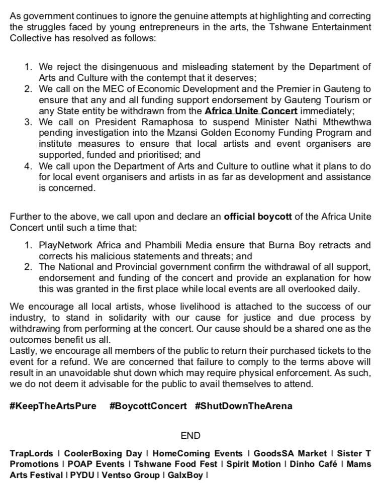 POAPevents's tweet photo. Following a failure to meaningfully address its concerns, the Tshwane Entertainment Collective has issued the following statement.
#BoycottConcert
#KeepTheArtsPure
#ShutDownTheArena
@enca @NathiMthethwaSA @David_Makhura @CyrilRamaphosa @playnetworkafr @tsogosun @pretorianews https://t.co/0oOxpxT4UI