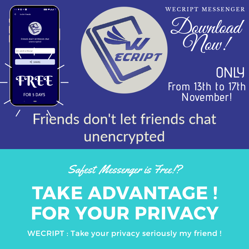 WecriptSearch's tweet photo. World's Best APP Wecript messenger app. Privaxcy based App.
Free download offer for limited period (valid from 13 Nov-17 Nov) worth Rs 450/-
Download Now:
https://t.co/FXDaqSSdtR
#Messenger #MessengerApp #PrivateMessenger #MessageApp #Privacy #contest #quiz #PrivateApp #offer https://t.co/H5DRIjt9s4