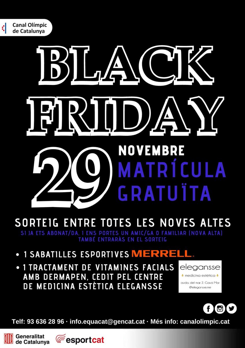 Arriba el #BLACK #FRIDAY 🖤 al Canal Olímpic de Catalunya.
Fes-te abonat/da el dia 📆 29 de #novembre i no paguis matrícula! 🤩
No deixis escapar l’oportunitat de beneficiar-te d’aquesta promoció. 🙌🏼🔝
#esportcat #canalolimpiccat #blackfriday2019 #elegansse #merrell