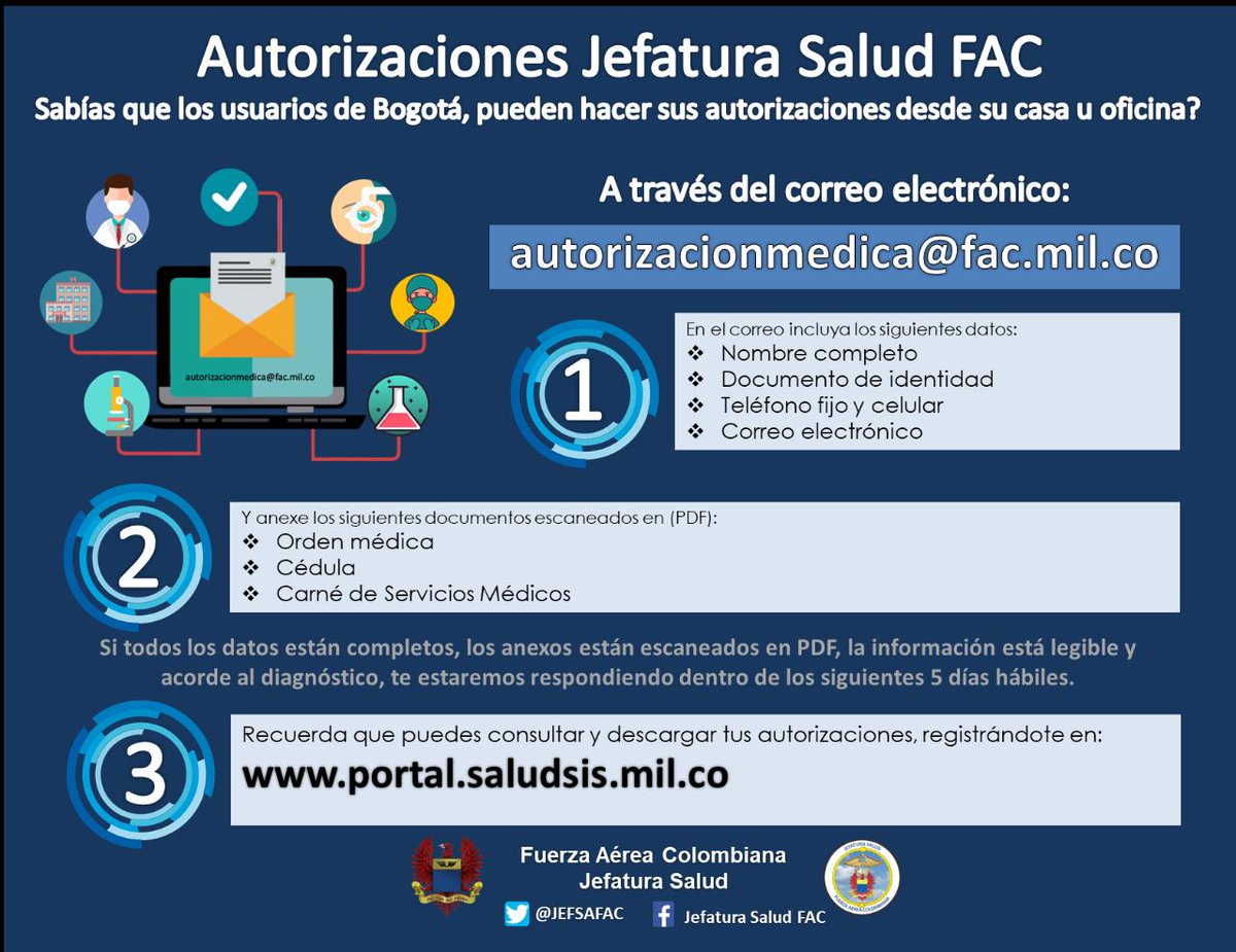 JEFSAFAC's tweet photo. #InformaciónUsuariosJEFSAFAC | Recuerda que tenemos una alternativa para que realices tus autorizaciones sin tener que ir al ESMARCFAC #DMEFA @FuerzaAereaCol Sigue estos pasos y evita las filas #FelizMiércoles https://t.co/bVIZD8qVQm