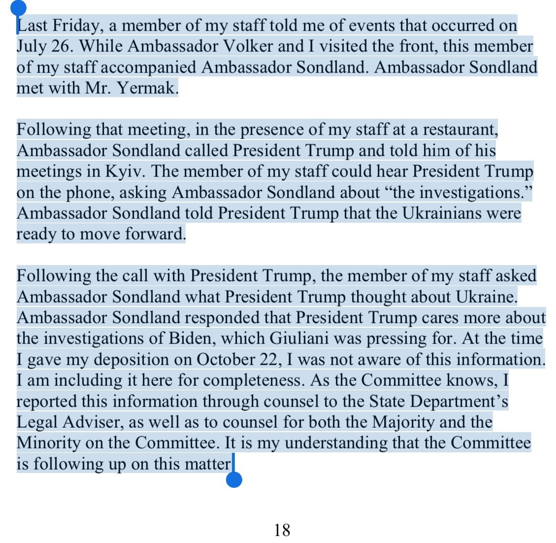 The whole passage. That Sondland took this call w/ Trump in a restaurant, was overheard, and then talked about it to a staff member...wow.