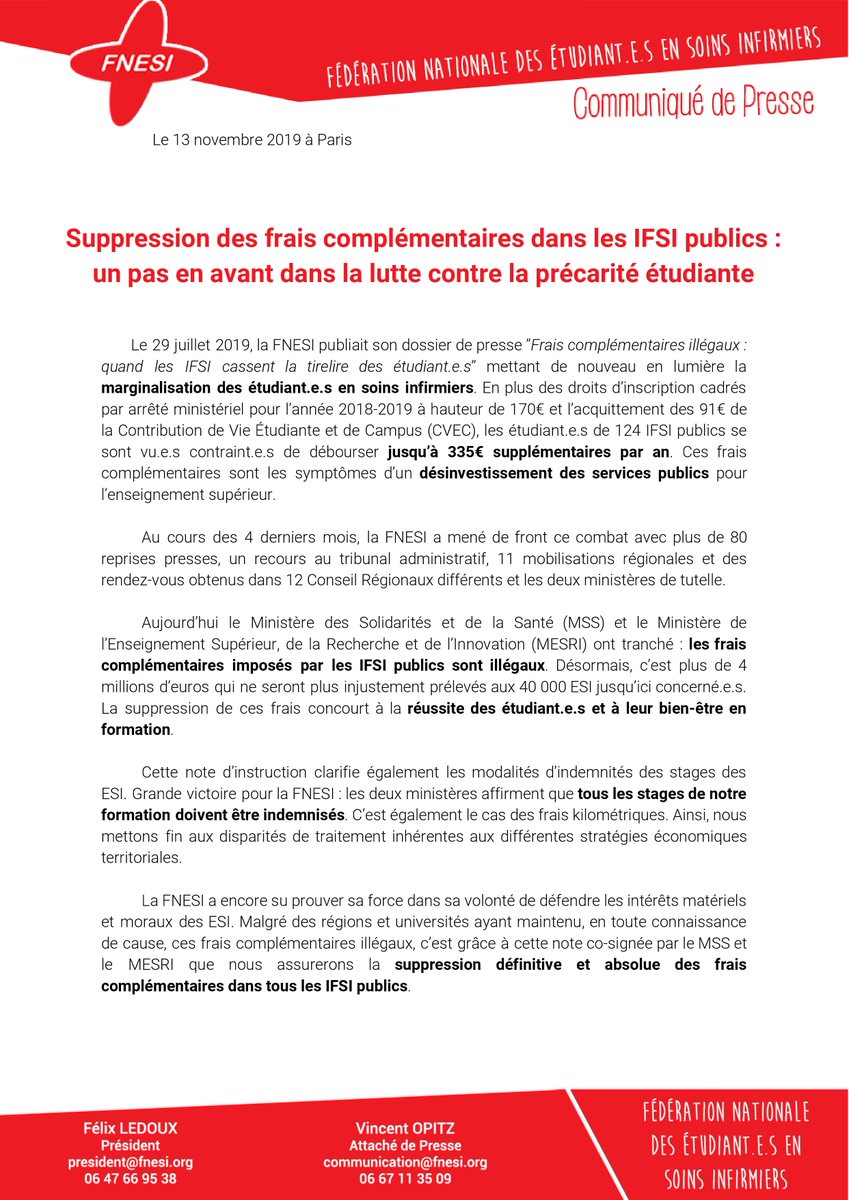 Grande victoire pour <a href="/La_FNESI/">FNESI</a> après un long combat ! #PayeTonIFSI #NousNeLaisseronsRienPasser

Les ministères @MinSoliSante <a href="/sup_recherche/">Ministère Enseignement supérieur/Recherche/Espace</a> ont tranché : 
🔴les frais complémentaires des #IFSI publics sont illégaux 🚫
🔴tous les #stages doivent être indemnisés 💪