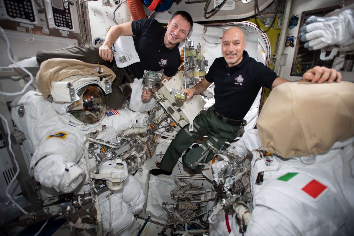 .@astro_luca & I are preparing for a series of 4 spacewalks to repair the Alpha Magnetic Spectrometer, a particle physics experiment searching for antimatter to help us understand the origins of the universe. These will be very complex...it was never intended for repair in space!