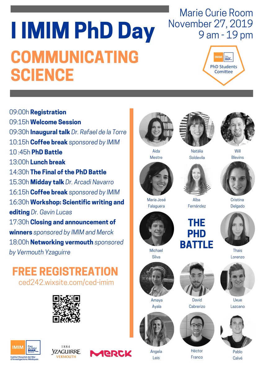 Attention scientists!

The biggest event to date for PhD students has arrived.

The first edition of the IMIM PhD Day!

- Keynote speakers
- Free scientific workshop
- IMIM PhD Battle

Don't forget to register!

Free registration and more info at:

ced242.wixsite.com/ced-imim/copia…