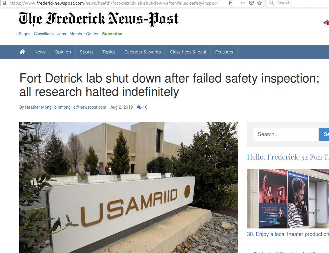  https://twitter.com/nytimesworld/status/1194552083443339264 https://www.fredericknewspost.com/news/health/fort-detrick-lab-shut-down-after-failed-safety-inspection-all/article_767f3459-59c2-510f-9067-bb215db4396d.html